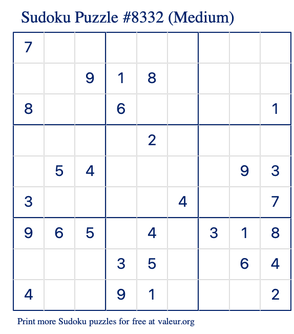 Free Printable Medium Sudoku Puzzle number 8332