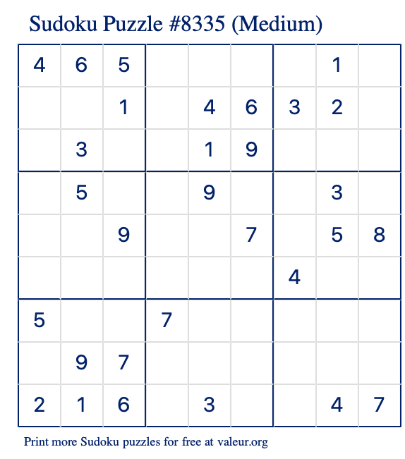 Free Printable Medium Sudoku Puzzle number 8335