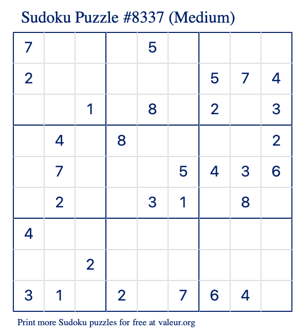 Free Printable Medium Sudoku Puzzle number 8337