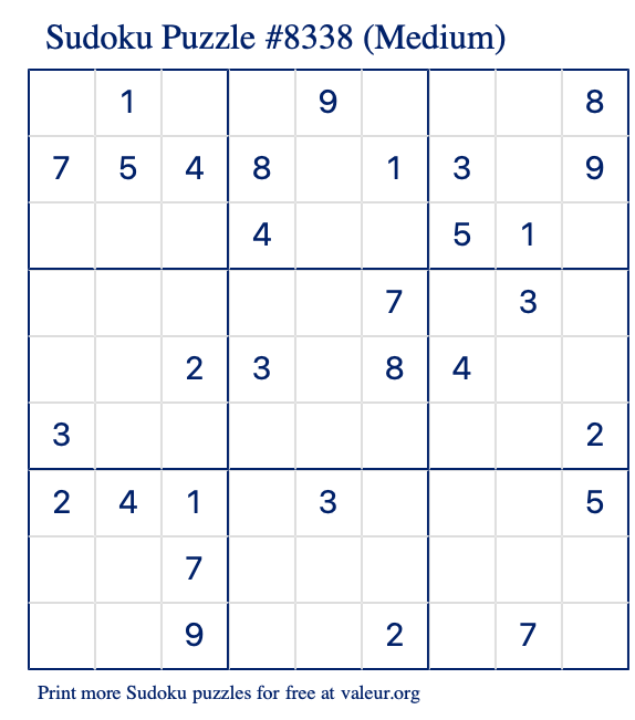 Free Printable Medium Sudoku Puzzle number 8338