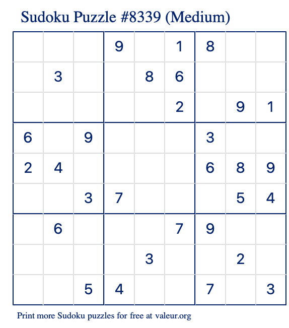 Free Printable Medium Sudoku Puzzle number 8339