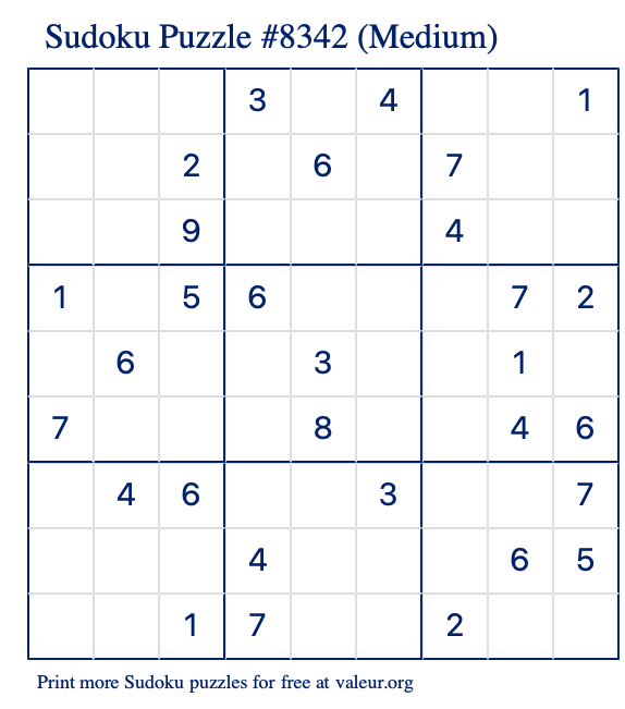 Free Printable Medium Sudoku Puzzle number 8342