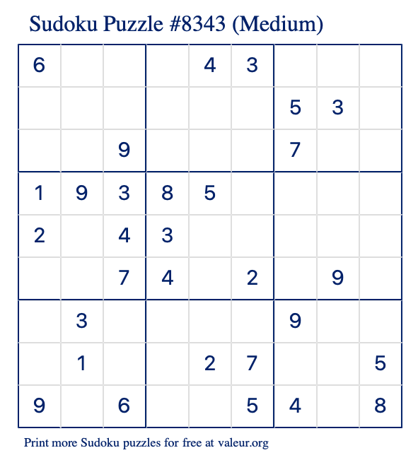 Free Printable Medium Sudoku Puzzle number 8343
