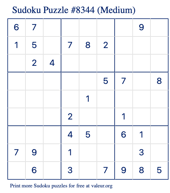 Free Printable Medium Sudoku Puzzle number 8344