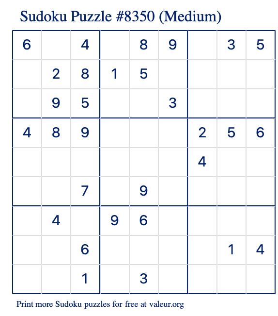 Free Printable Medium Sudoku Puzzle number 8350