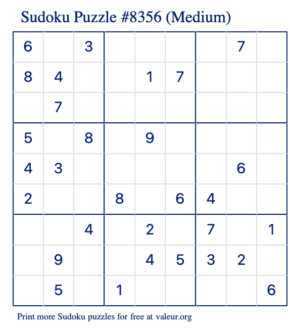 Free Printable Medium Sudoku Puzzle number 8356