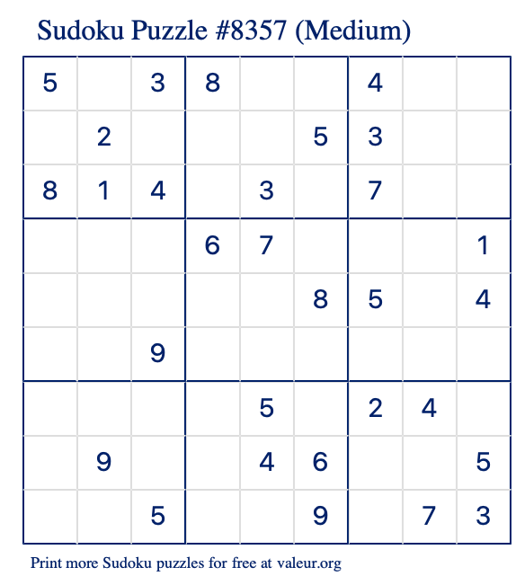 Free Printable Medium Sudoku Puzzle number 8357