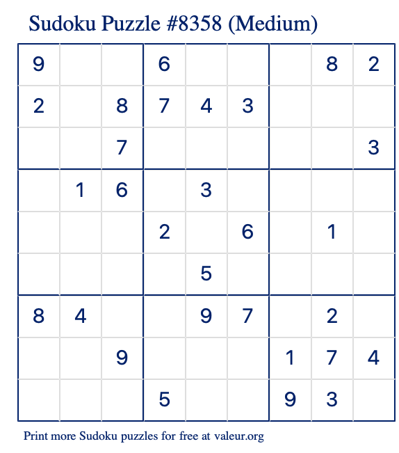 Free Printable Medium Sudoku Puzzle number 8358