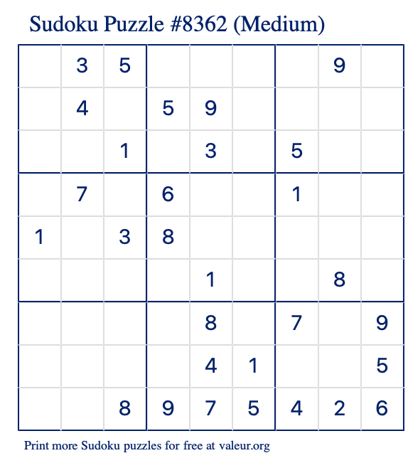Free Printable Medium Sudoku Puzzle number 8362