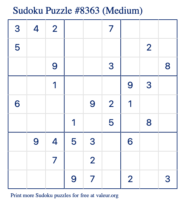 Free Printable Medium Sudoku Puzzle number 8363