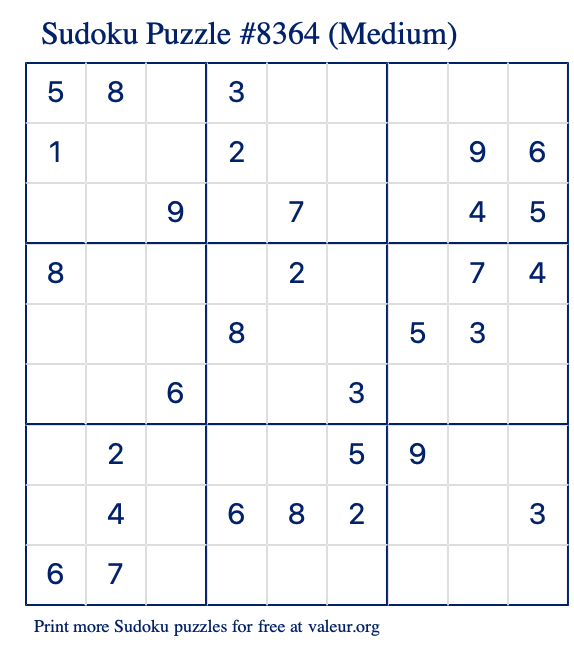 Free Printable Medium Sudoku Puzzle number 8364