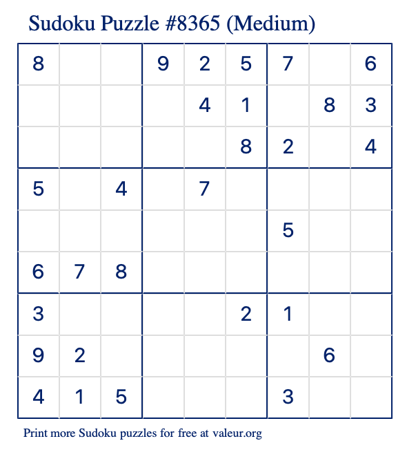 Free Printable Medium Sudoku Puzzle number 8365