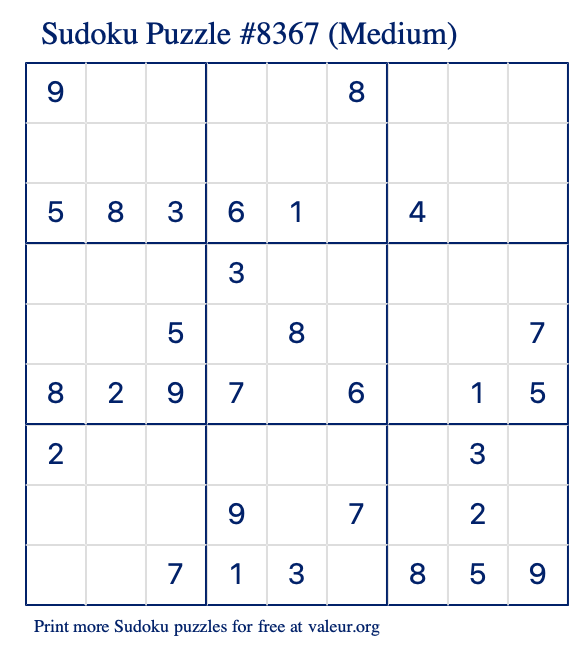 Free Printable Medium Sudoku Puzzle number 8367