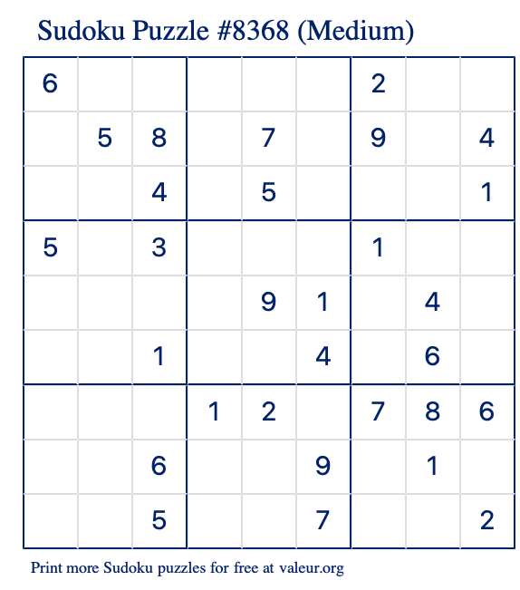 Free Printable Medium Sudoku Puzzle number 8368