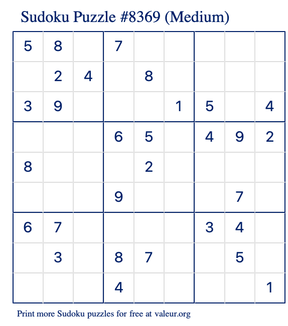 Free Printable Medium Sudoku Puzzle number 8369