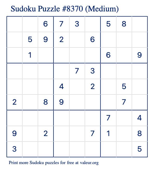 Free Printable Medium Sudoku Puzzle number 8370