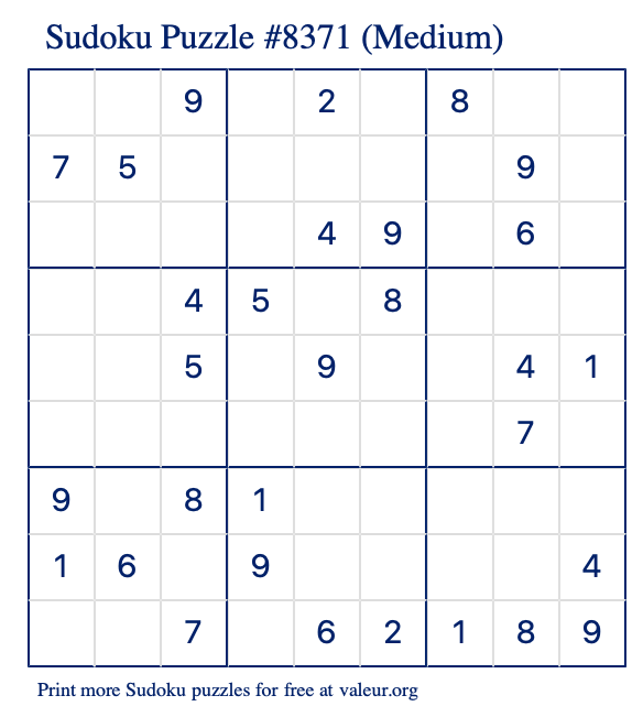 Free Printable Medium Sudoku Puzzle number 8371