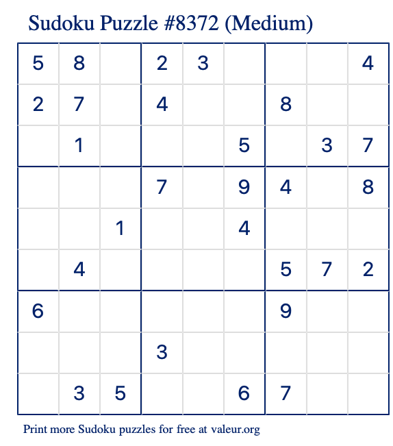 Free Printable Medium Sudoku Puzzle number 8372