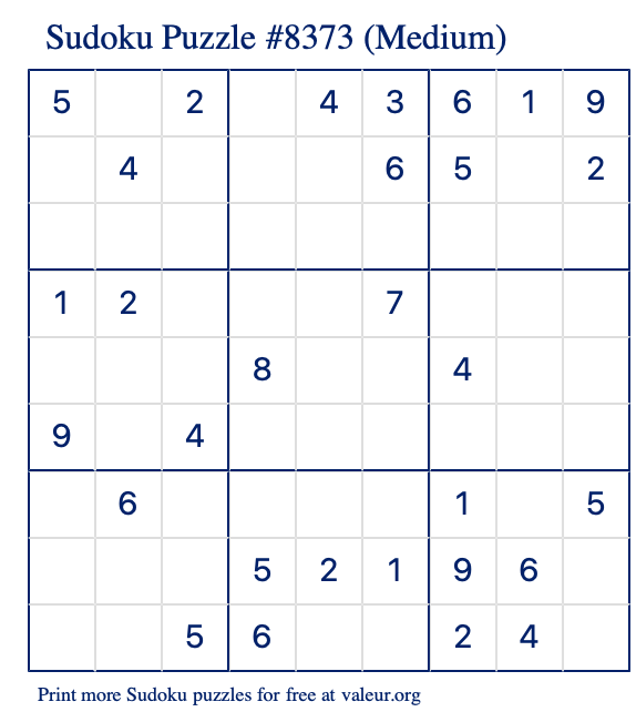 Free Printable Medium Sudoku Puzzle number 8373