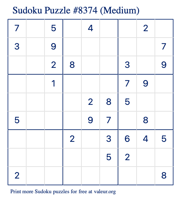 Free Printable Medium Sudoku Puzzle number 8374