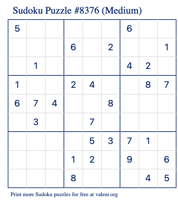 Free Printable Medium Sudoku Puzzle number 8376