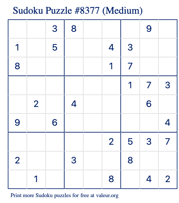 Free Printable Medium Sudoku Puzzle number 8377