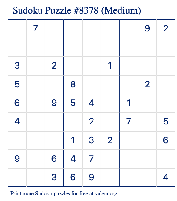 Free Printable Medium Sudoku Puzzle number 8378
