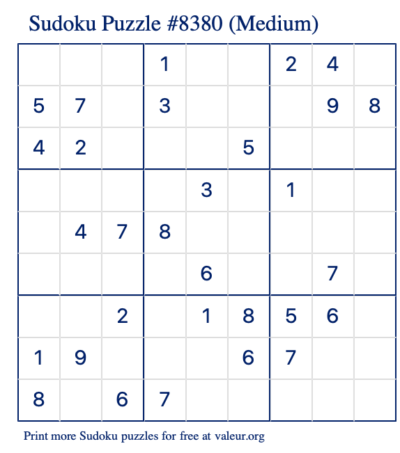 Free Printable Medium Sudoku Puzzle number 8380