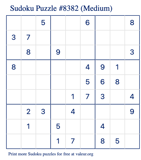 Free Printable Medium Sudoku Puzzle number 8382