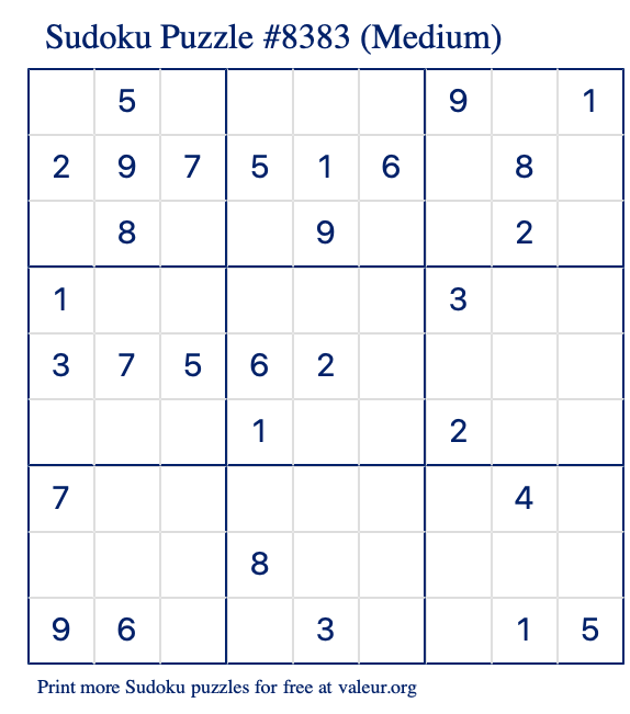 Free Printable Medium Sudoku Puzzle number 8383
