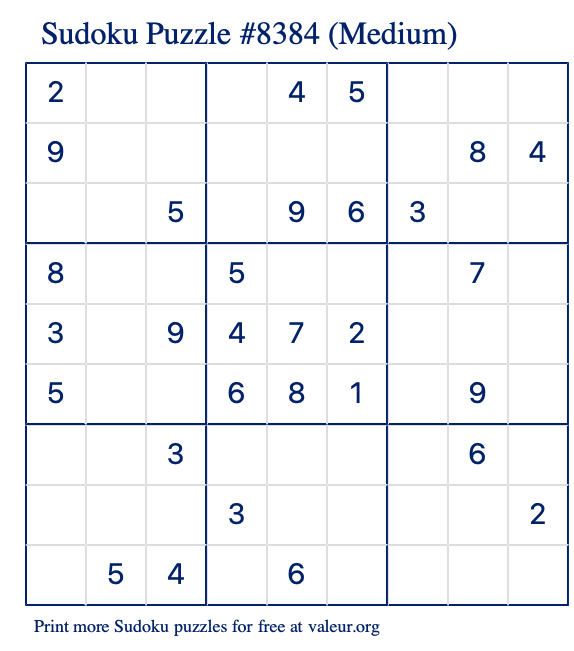 Free Printable Medium Sudoku Puzzle number 8384