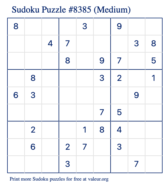 Free Printable Medium Sudoku Puzzle number 8385