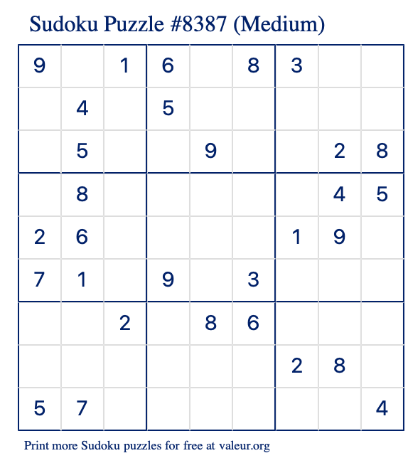 Free Printable Medium Sudoku Puzzle number 8387