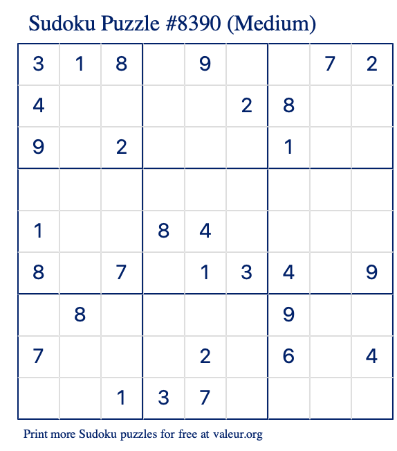 Free Printable Medium Sudoku Puzzle number 8390