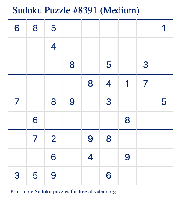 Free Printable Medium Sudoku Puzzle number 8391