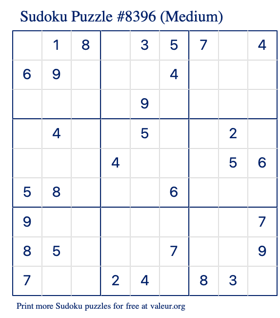 Free Printable Medium Sudoku Puzzle number 8396