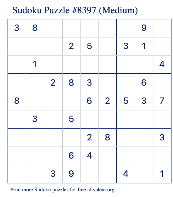 Free Printable Medium Sudoku Puzzle number 8397