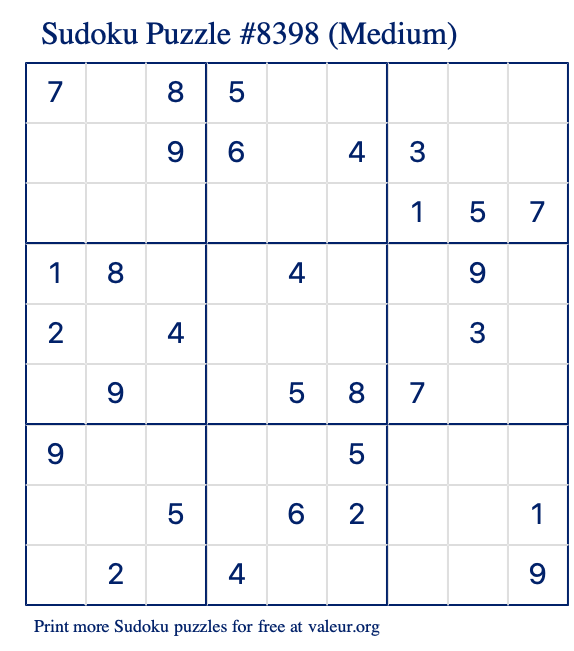 Free Printable Medium Sudoku Puzzle number 8398