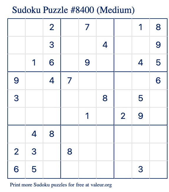 Free Printable Medium Sudoku Puzzle number 8400