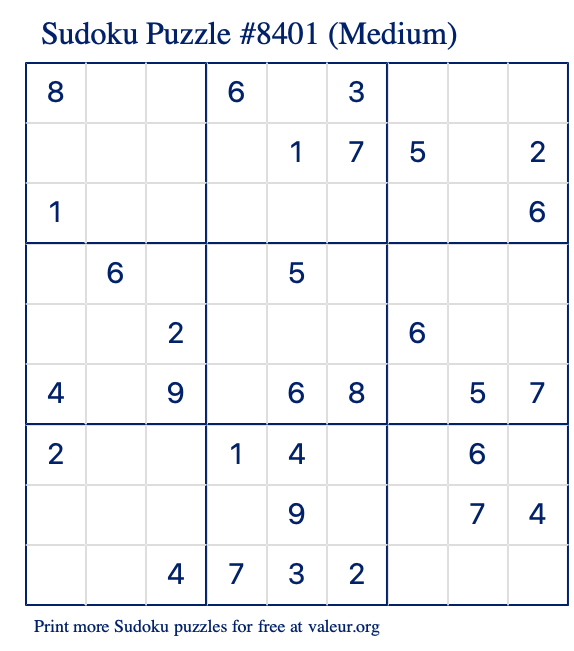 Free Printable Medium Sudoku Puzzle number 8401
