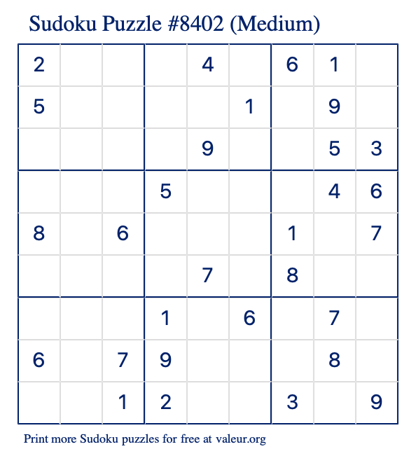 Free Printable Medium Sudoku Puzzle number 8402