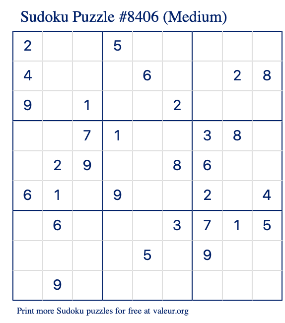 Free Printable Medium Sudoku Puzzle number 8406