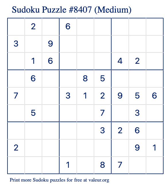 Free Printable Medium Sudoku Puzzle number 8407