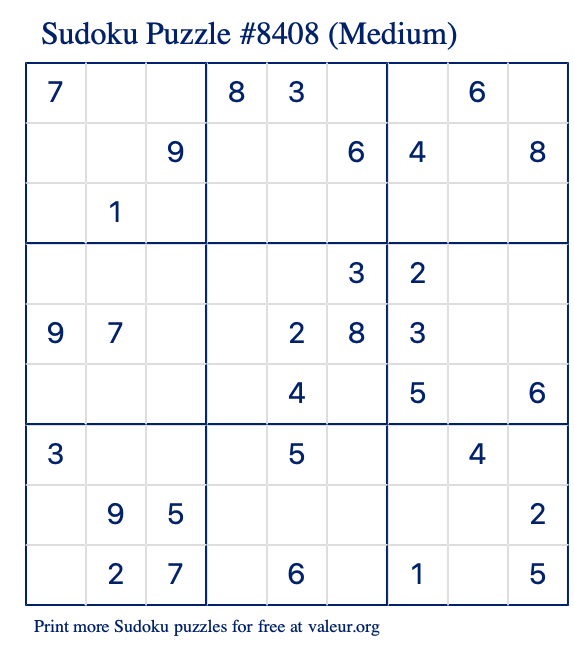 Free Printable Medium Sudoku Puzzle number 8408