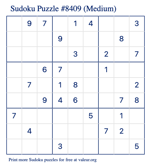 Free Printable Medium Sudoku Puzzle number 8409