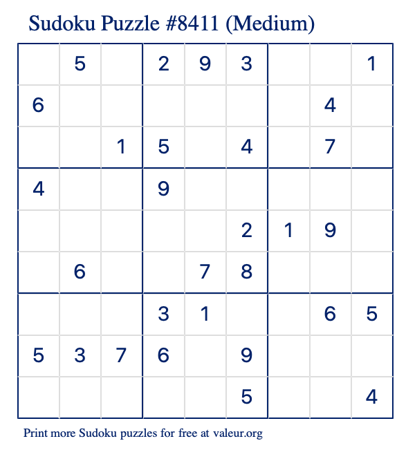 Free Printable Medium Sudoku Puzzle number 8411
