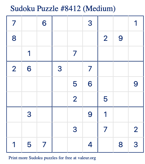 Free Printable Medium Sudoku Puzzle number 8412
