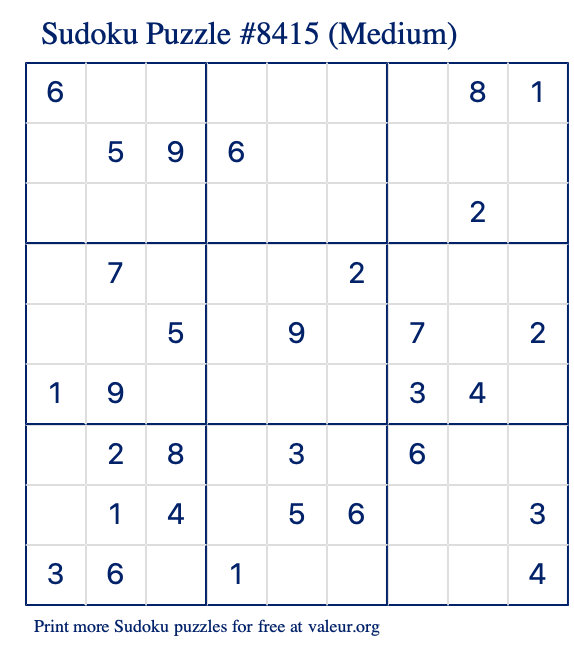 Free Printable Medium Sudoku Puzzle number 8415