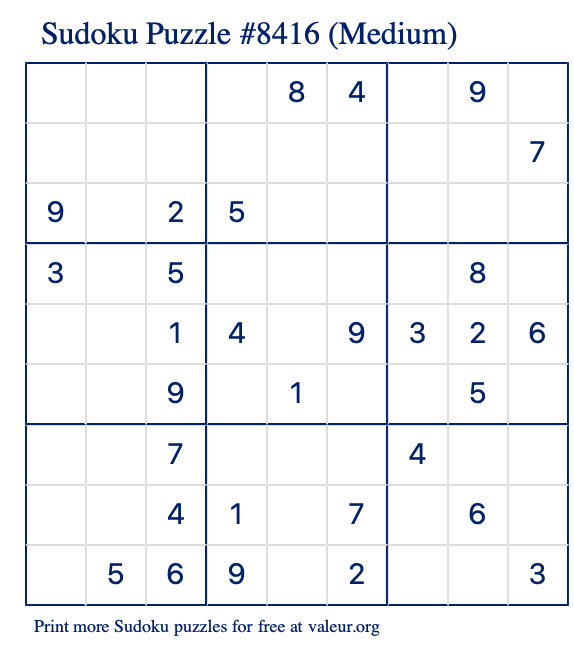 Free Printable Medium Sudoku Puzzle number 8416