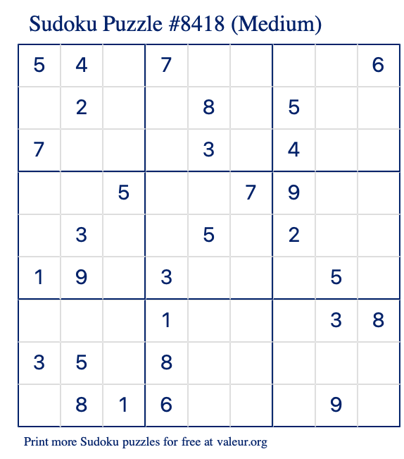 Free Printable Medium Sudoku Puzzle number 8418
